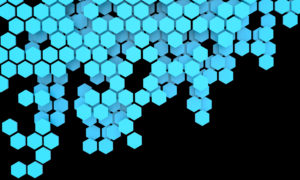 Blockchain Distributed ledger technology , blue Hexagon six-sided polygon symbol on black background , cryptocurrencies or bitcoin concept