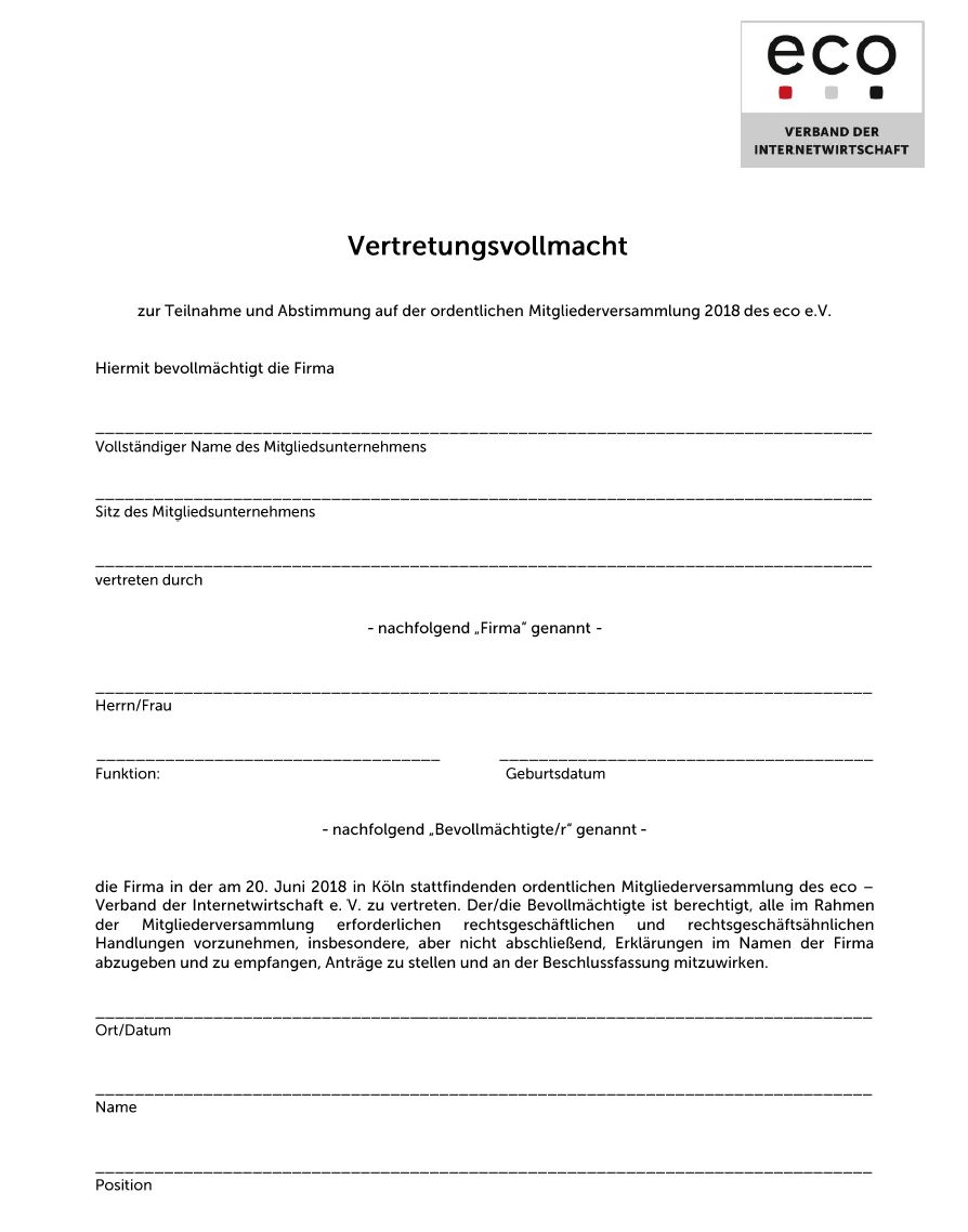 Vertretungsvollmacht: eco Mitgliederversammlung 2018